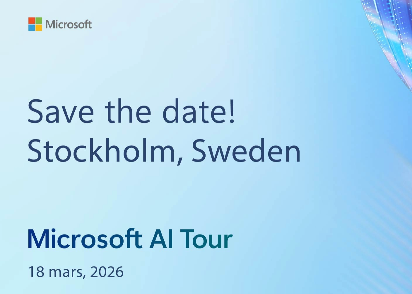 Microsoft-affisch för AI Tour med texten ”Save the date! Stockholm, Sweden” och datumet 18 mars 2026