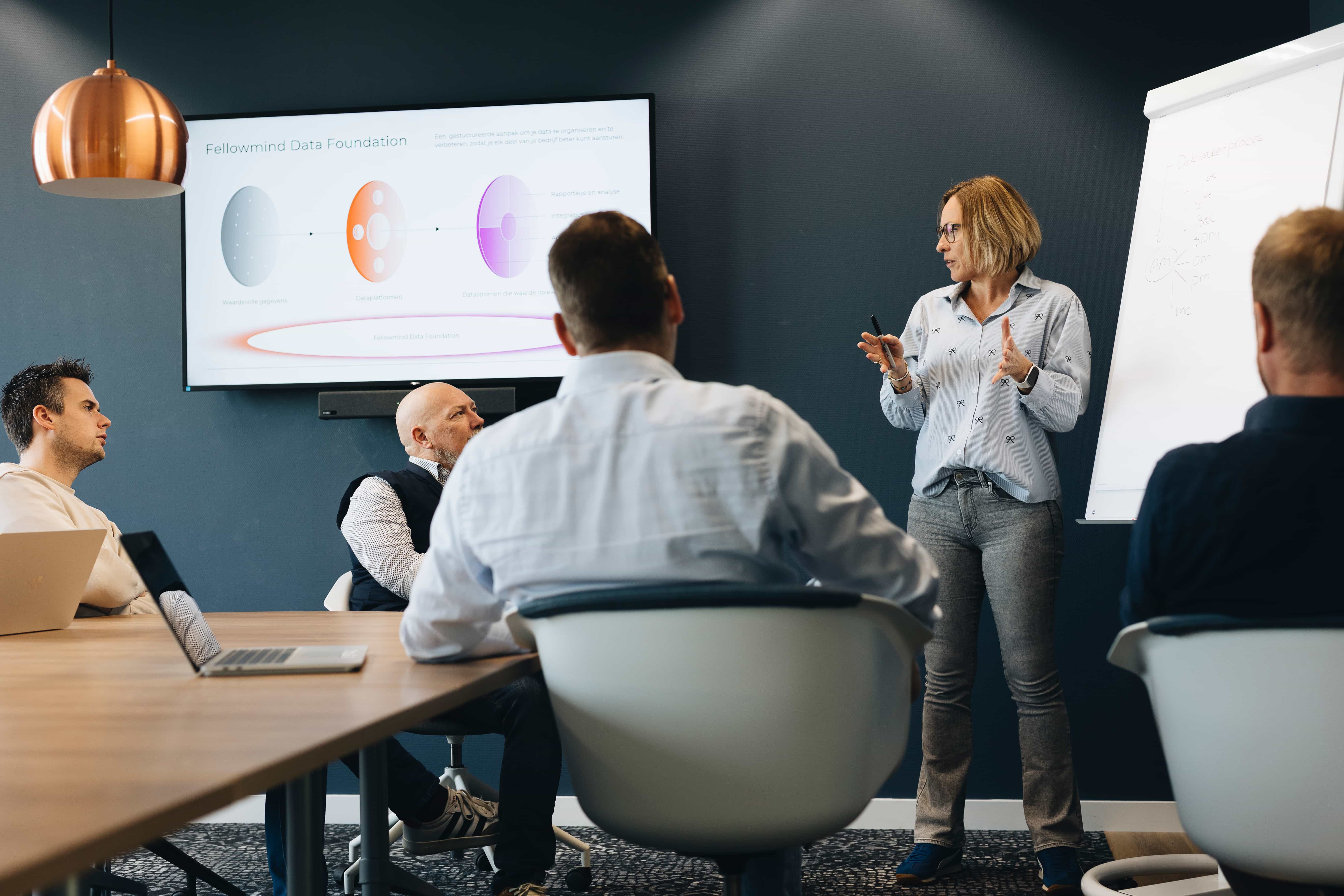 Vrouw geeft presentatie over Fellowmind Data Foundation