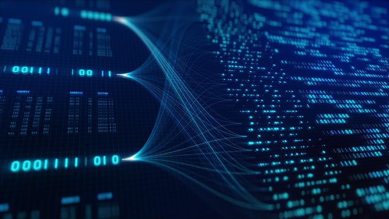 Digitalt netværk med blå datapunkter og binær kode, der illustrerer databehandling, cloud computing og kunstig intelligens