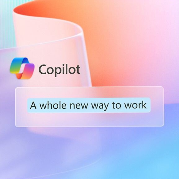 Microsoft Copilot-logotyp med texten ”A whole new way to work” på färgstark bakgrund
