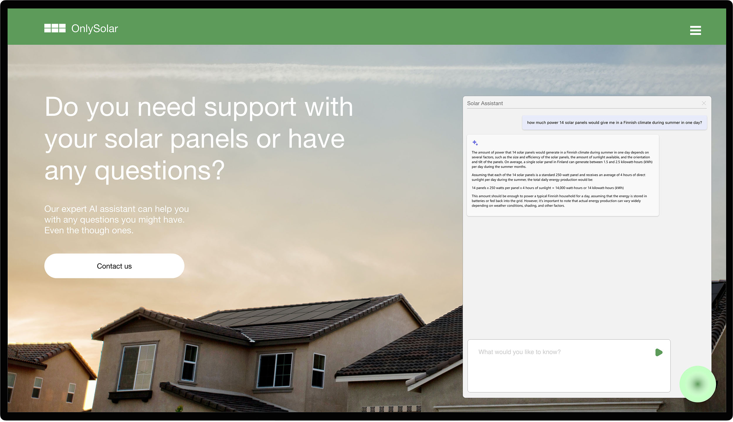 OpenAI example 2_Solar panel assistant.jpg openai application example for solar panel website customer service assistant