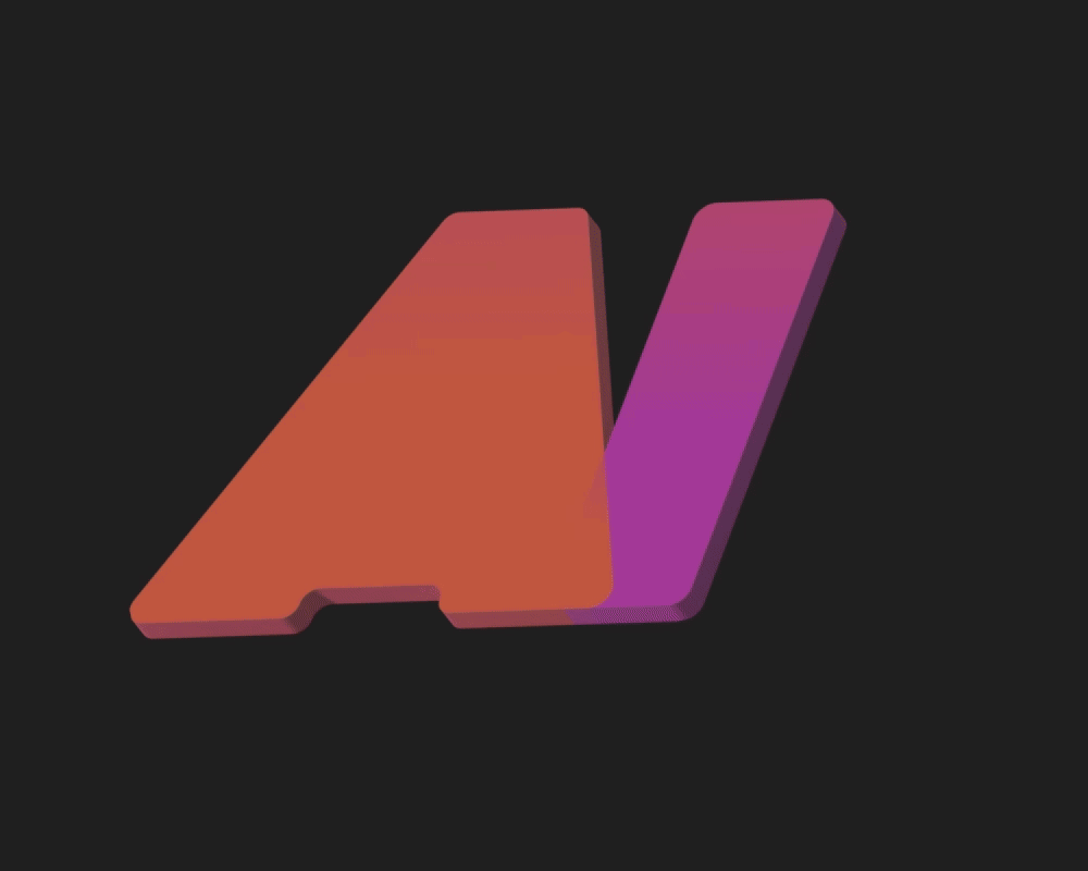 Abstract 3D geometrisch logo met oranje en paarse vormen op een donkere achtergrond