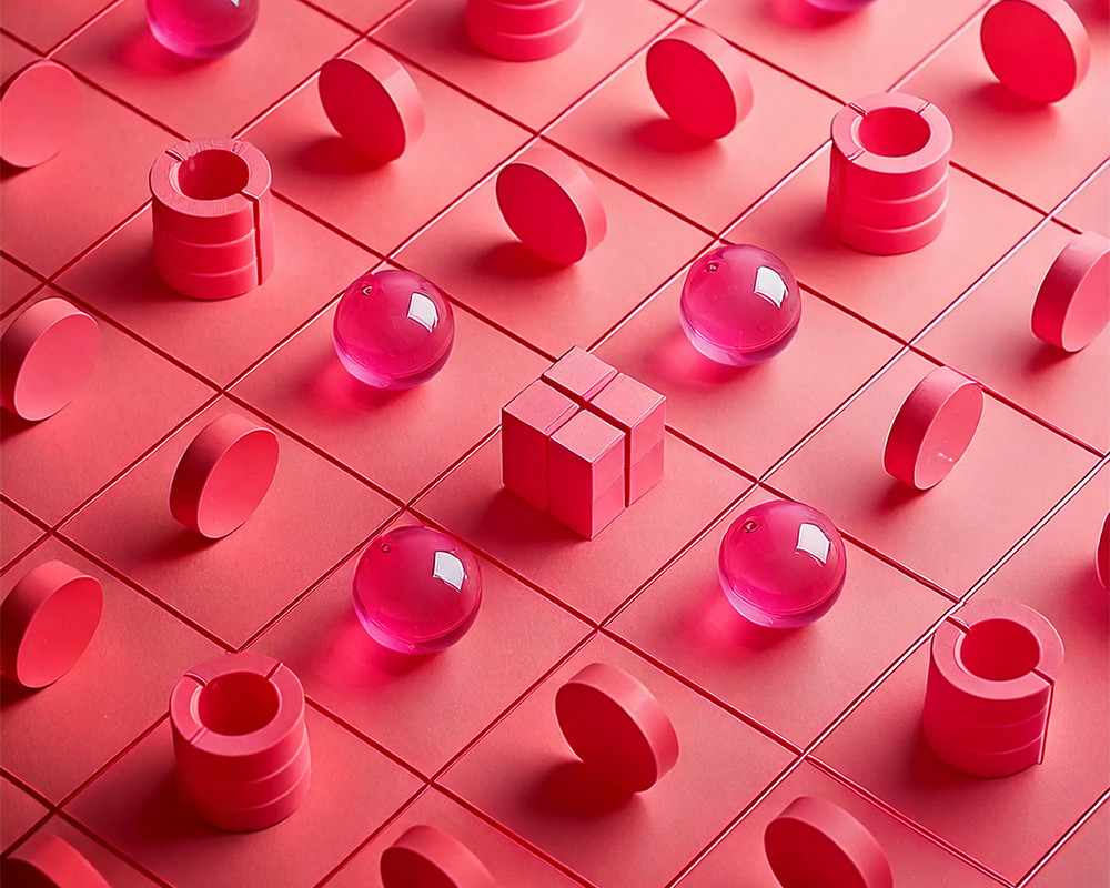 Abstrakt rosa 3D-geometrisk komposition med blanka sfärer, cylindrar och en central kub på en kaklad rutnätsbakgrund