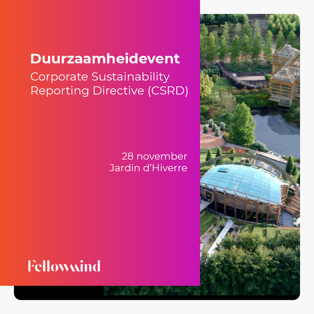 Poster voor een duurzaamheidsevent met de tekst Corporate Sustainability Reporting Directive (CSRD), datum 28 november en een groen tuinlandschap