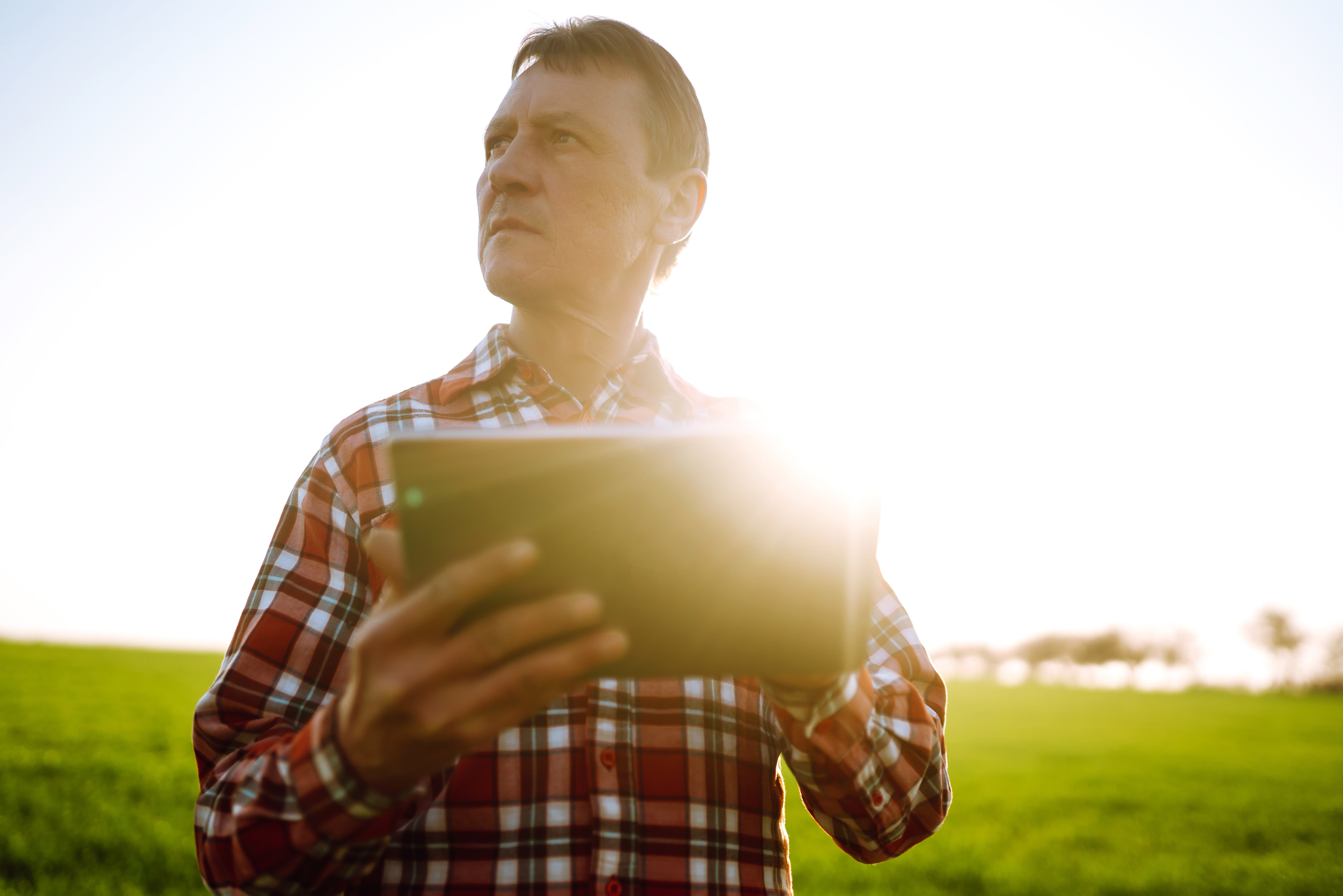 Persoon in geruit overhemd houdt een tablet vast op een groen veld, met fel zonlicht op de achtergrond