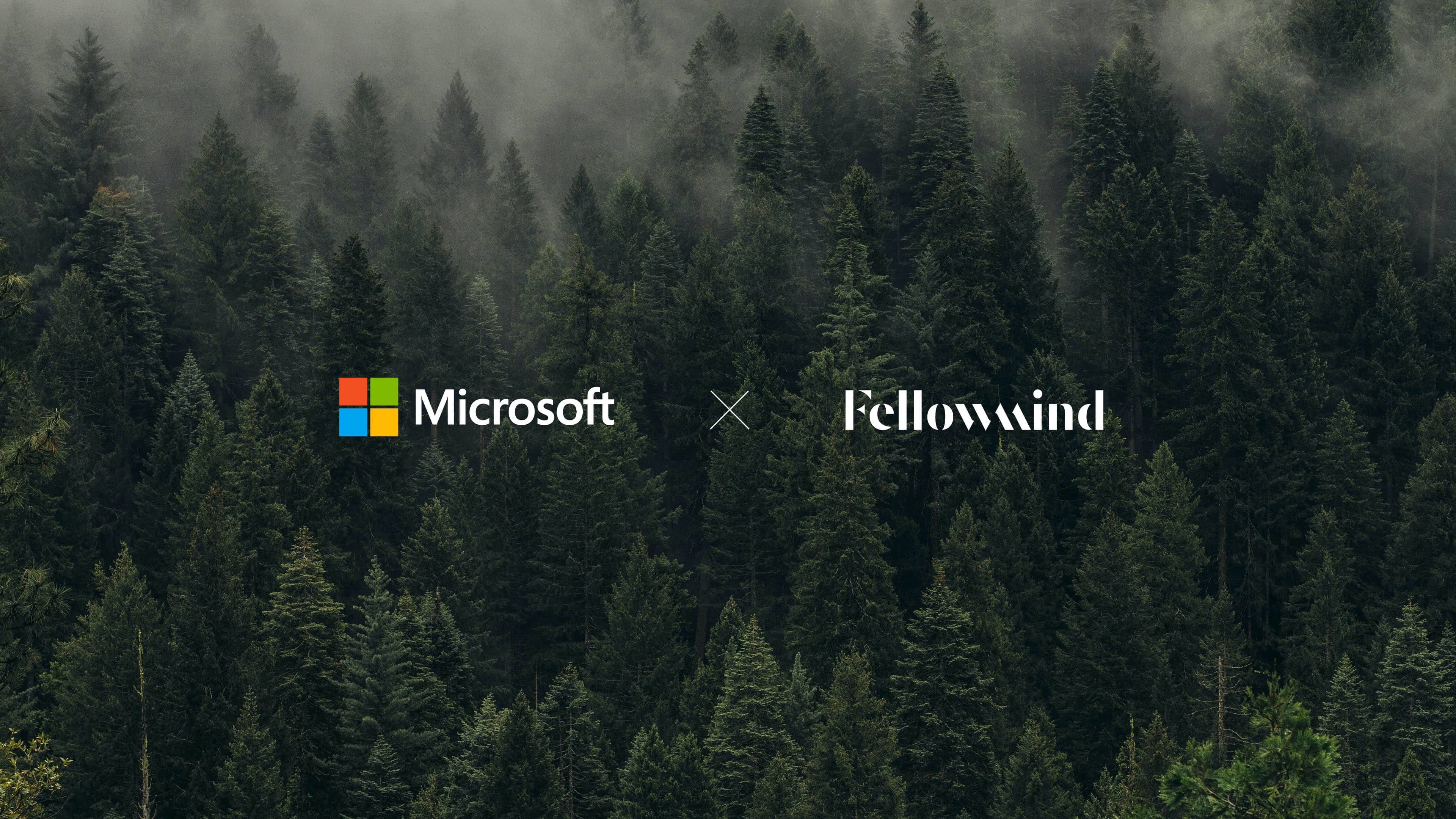 Microsoft- en Fellowmind-logo’s boven een mistig groenblijvend bos op de achtergrond