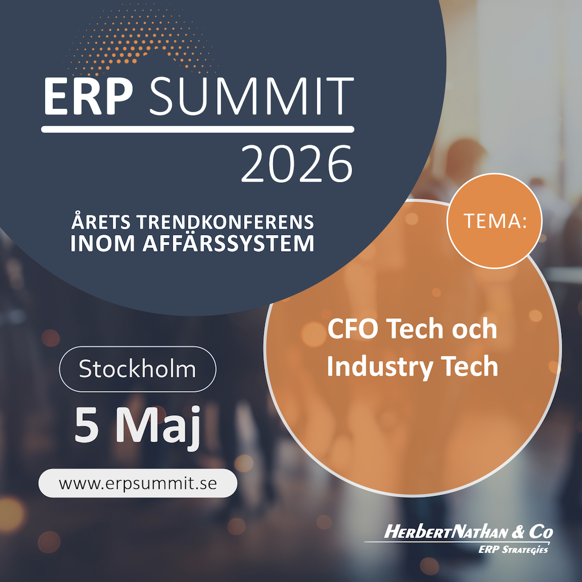 Affisch för ERP Summit 2026 i Stockholm med tema CFO Tech och Industry Tech, datum 5 maj och webbadress