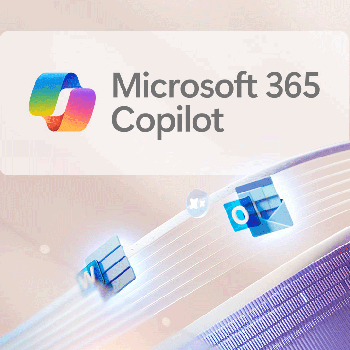 Microsoft 365 Copilot-logotyp med färggrann ikon och svävande Outlook- och Word-symboler i en modern digital illustration